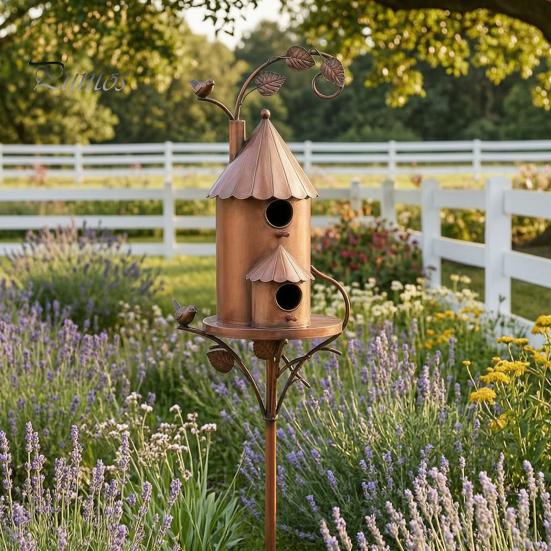 Garden Decoration Stake Metal Bird House Stakes, Feeder Decor, Weatherproof Patio Lawn Ornament Iron Art Decor for Outdoor Yard Flower Bed Perch