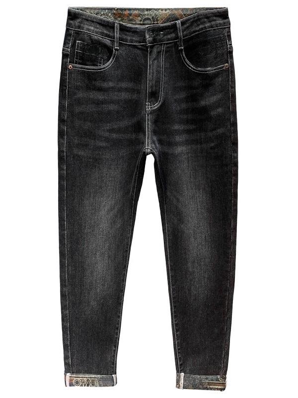 Men's Full-Bottom Printed Stretch Jeans - Thick Autumn/Winter Casual Straight Pants, Trendy and Comfortable
