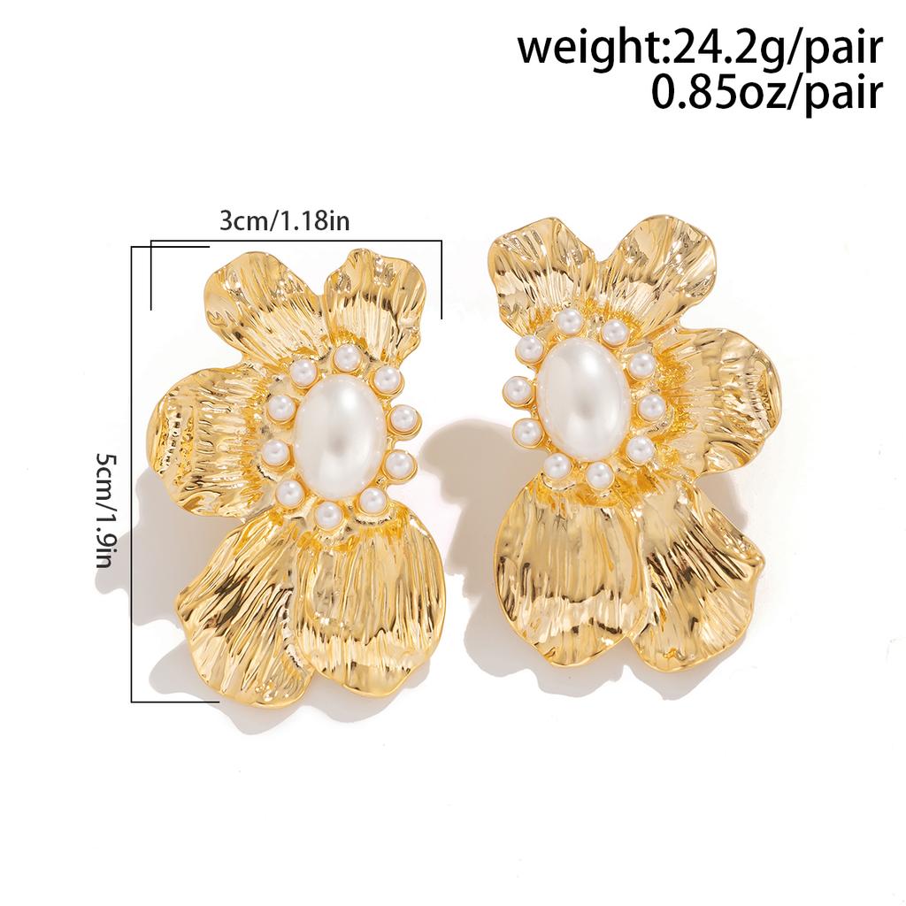 IngeSight.Z Vintage Metal Imitation Pearl Flower Stud Earrings for Women Charm Party Dinner Earrings Ear Jewelry Accessories