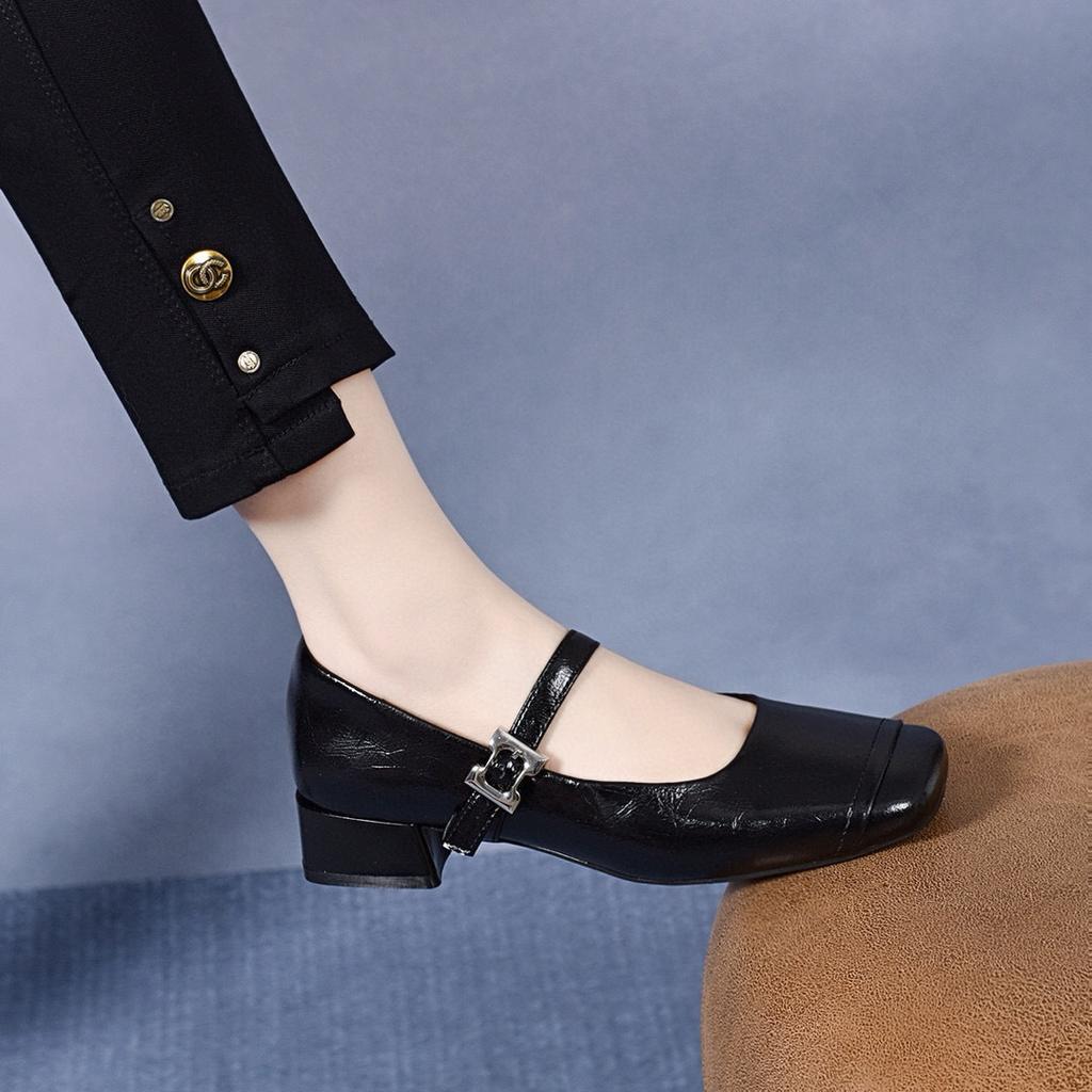 Square head Mary Jane shoes women's 2025 spring Korean version shallow mouth one pedal single shoes flat shoes buckle loafers fairy shoes