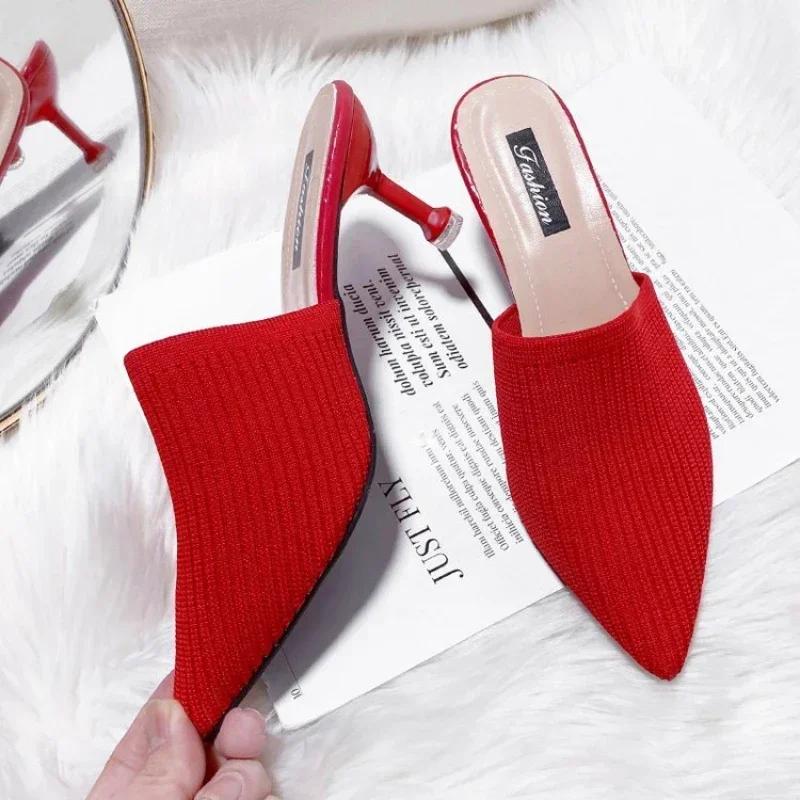 Fashion Shoes for Women 2025 Spring/Summer New High-heeled Slippers Women's Fashion Baotou Thin Heels Pointed Lazy Half Drag Sandals