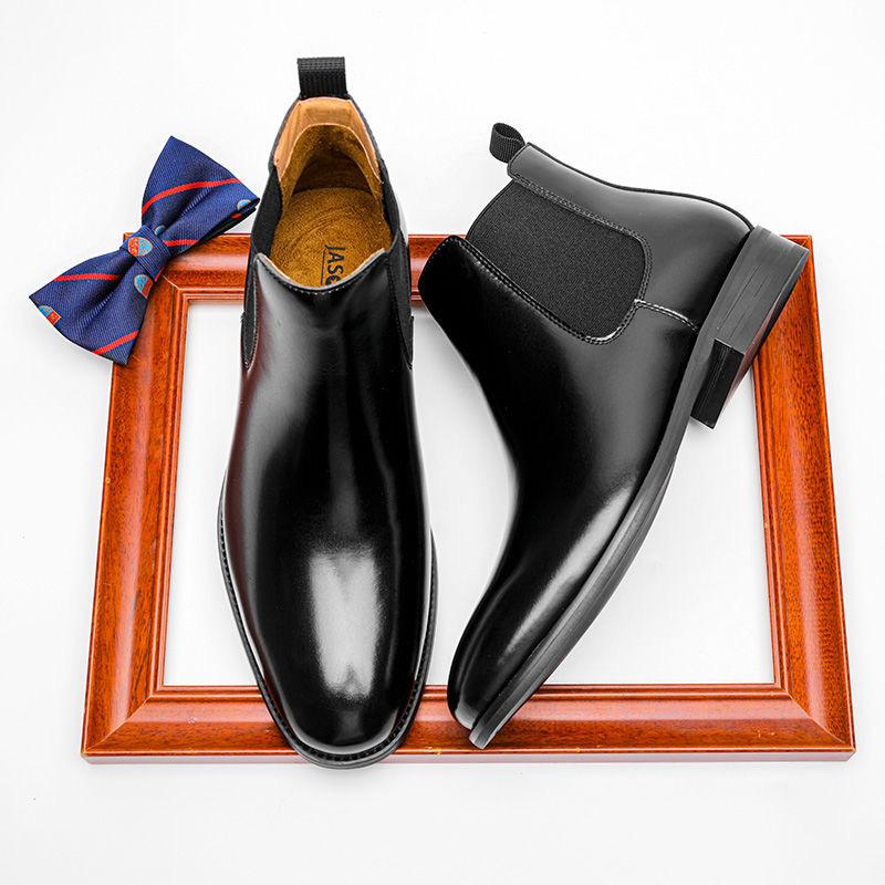 Elegant Chelsea Boots Genuine Cow Leather Men Ankle Shoes with Elastic Band Black Slip On Formal Business Fashion Boots for Men