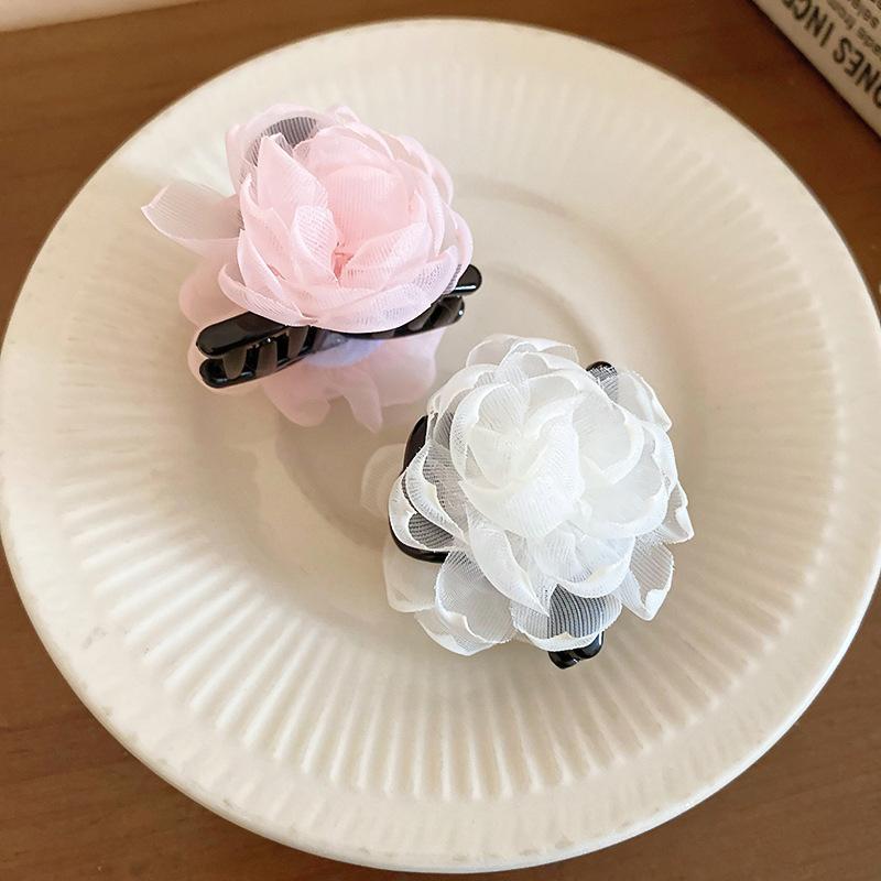 Double-sided Mesh Yarn Flower Acrylic Hairpin Women's Fashion Simple Small Grab Clip Cute Versatile Headgear Hair Accessories High Sense