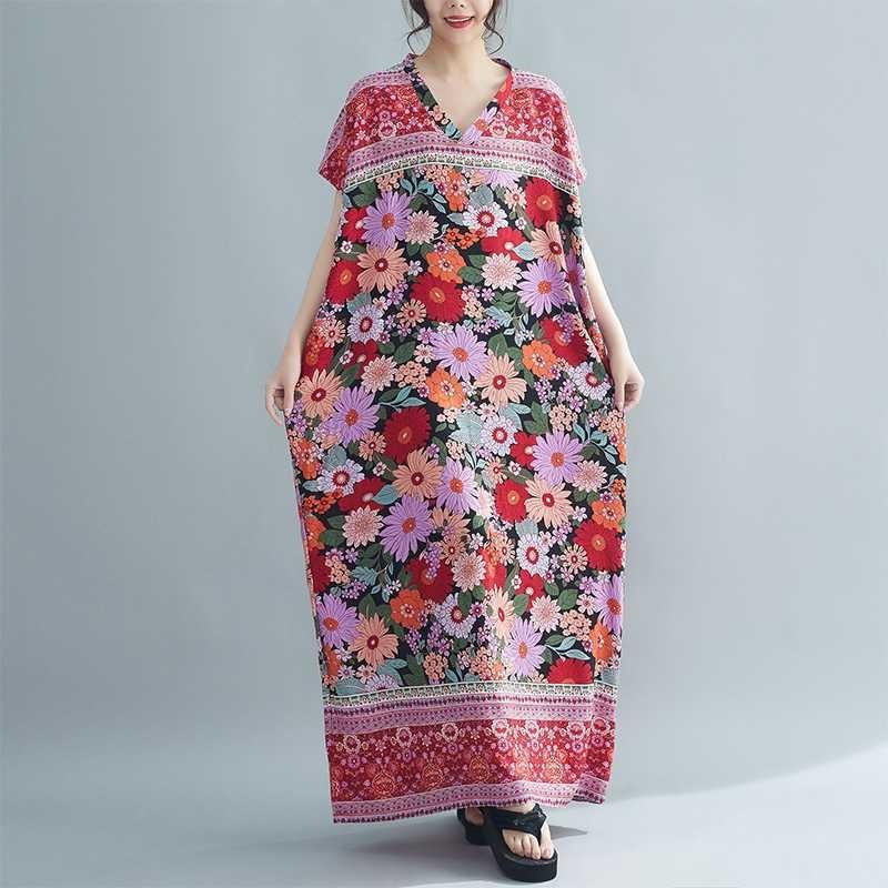 Women's Summer Boho V-Neck Maxi Dress C Flowy Vintage Print Rayon Caftan, Loose Fit Beach Cover-Up