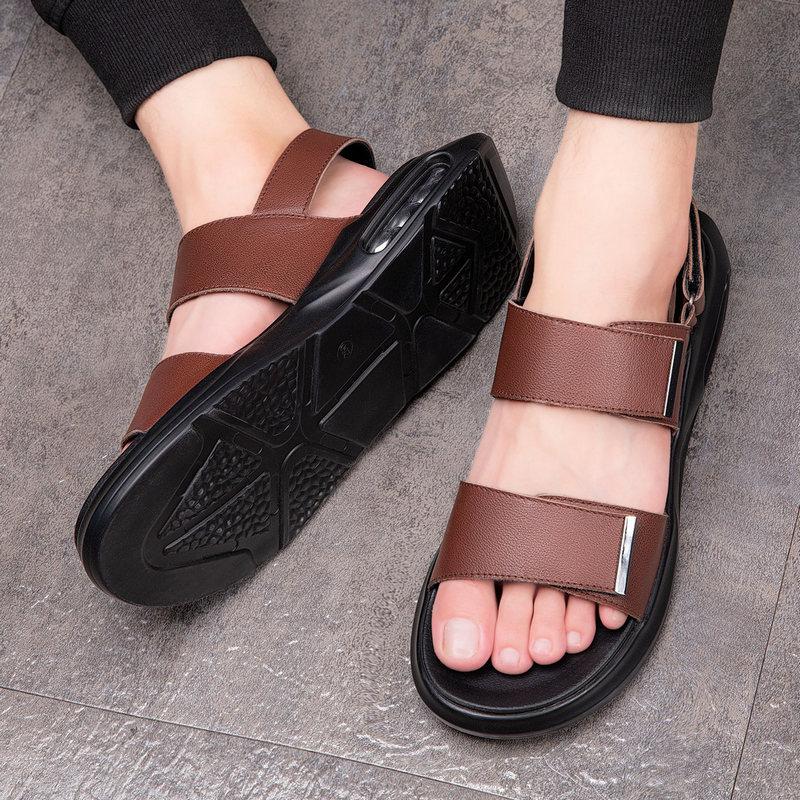 Fashion Mens Sandals Casual Comfortable Open Toe Flat Sandals Soft Beach Footwear Men Shoes Solid Color Leather Man Summer Shoes Zapatos