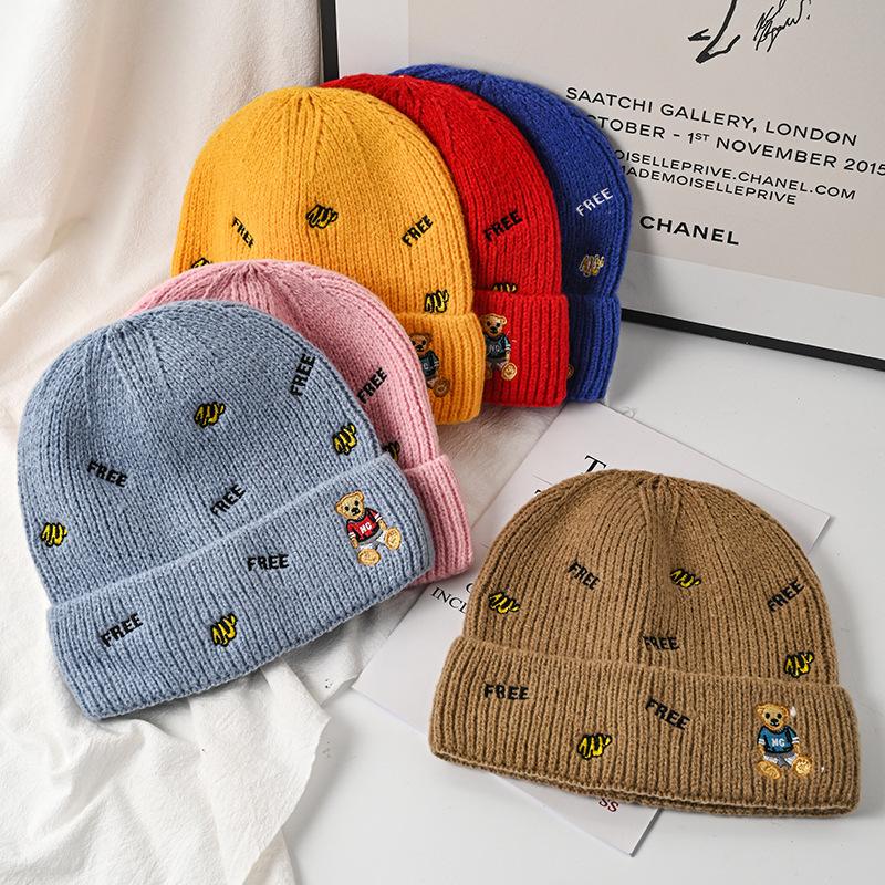 Hat Female Autumn and Winter Wool Hat Versatile Embroidered Letter Knitted Outdoor Riding Warm Cute Bear Pullover Hat
