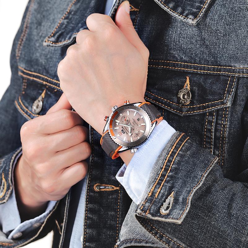 PAULAREIS Masculino Automático Auto Vento Mecânico Pulseira de Borracha de Lona Laranja Azul Vermelho Multifuncional Data Mês Relógio