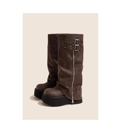 Boots Women's Thick Soles Increase 2025 New Retro Metal Buckle Long Boots Small Trousers Muffin Knight Boots