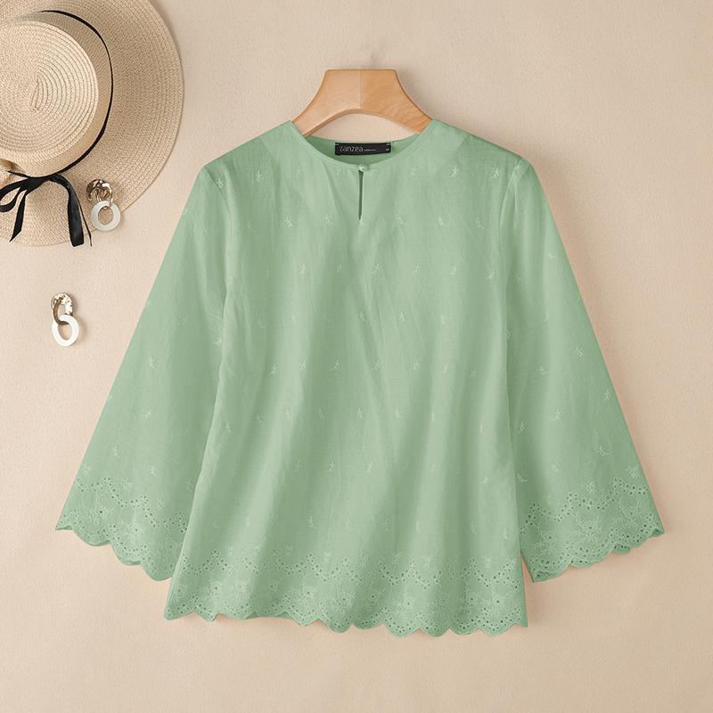 

ZANZEA Женская повседневная блузка с круглым вырезом, рукавами 3/4, свободного кроя, в стиле пэчворк 2XL зелёный