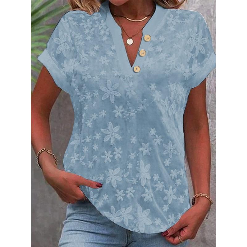 Summer Casual V-neck Shirt Blouse Women Fashion White Jacquard Short Sleeve Shirts Women 2026 Office Ladies Elegant Blouse Tops