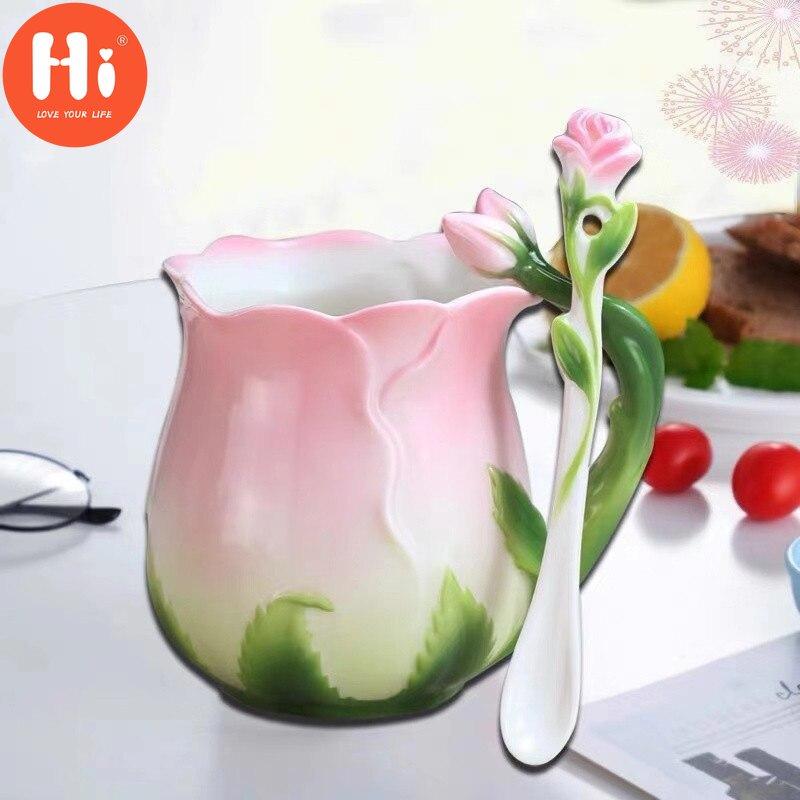Hi European Style Enamel Ceramic Coffee Mug Creative 3D Rose Flower Shape Teacups Pastoral 4 Colors Breakfast Milk Cups With Spoon