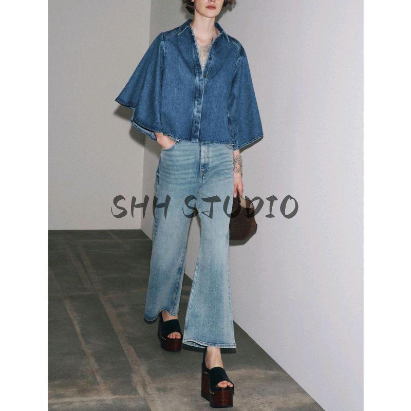 Autumn New Product Women Clothes Laminated Decorative Washing Effect Long Sleeve V-neck Leisure Demin Shirt 6840242