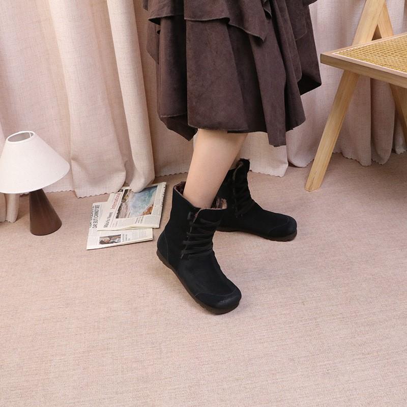 Johnature Plush Cow Suede Plush Women's Mid-calf Boots Retro Lace-up Warm Flat Bottom Snow Boots