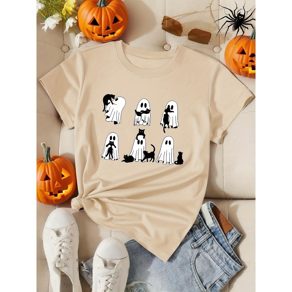 Ladies Halloween Ghost Pattern Casual T-shirt Black Cat Print Summer Sports Short Sleeve Vacation Pretend Fashion Women's Wear