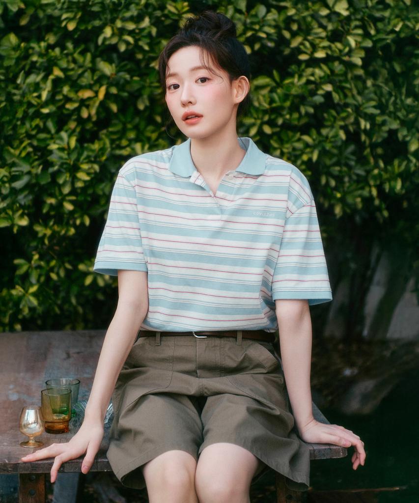 COVERNAT WOMAN Collared Stripe T-Shirt Navy
