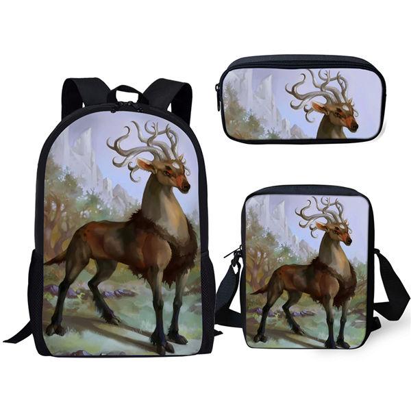 Klassiek Populair Nieuwigheid Hert 3D Print 3 stuks/Set leerling Schooltassen Laptop Dagrugzak Rugzak Schuin gedragen schoudertas Etui gray