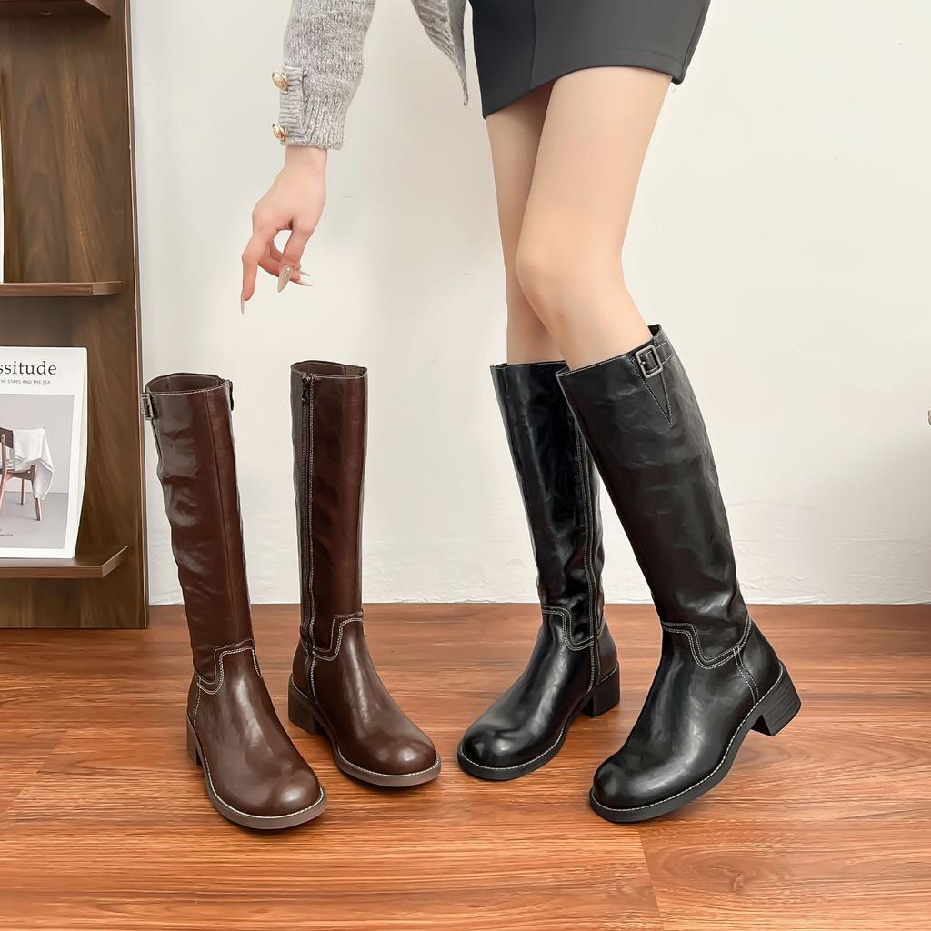 Piele de cal spălată~ Piele naturală cu talpă groasă dar cizme până la genunchi cizme maro de damă în stil retro britanic cizme înalte de cavaler