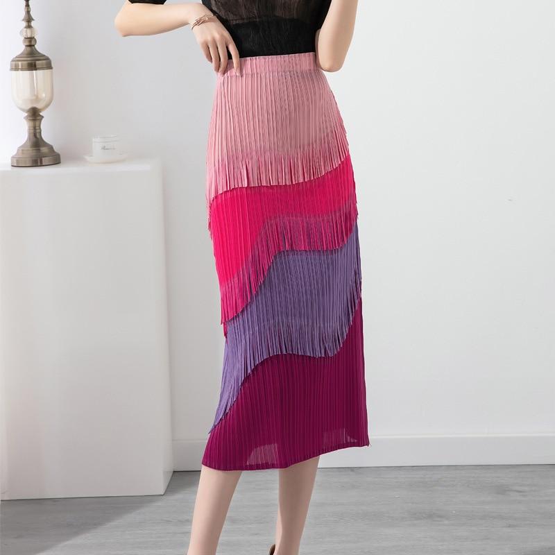 Qooth Women Fashion Tassel Splicing Split Hip Skirt Elegant High Waist Mid-length Pleated Pencil Skirt For Spring Summer QT2120