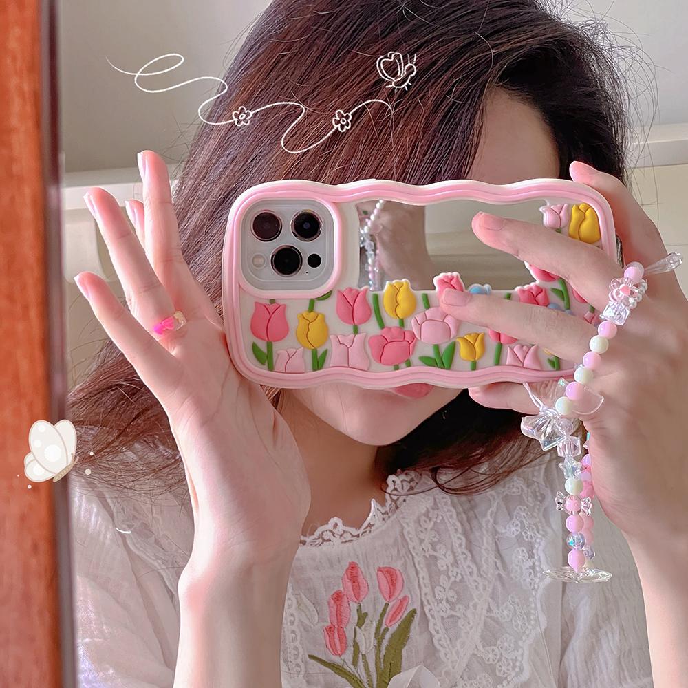 Cartoon Wave Edge Tulip Mirror Phone Case Compatible for iPhone 14 13 12 Pro Max 11 7 8 Plus X XS XR X Max Stereoscopic Silicone Protective Cover