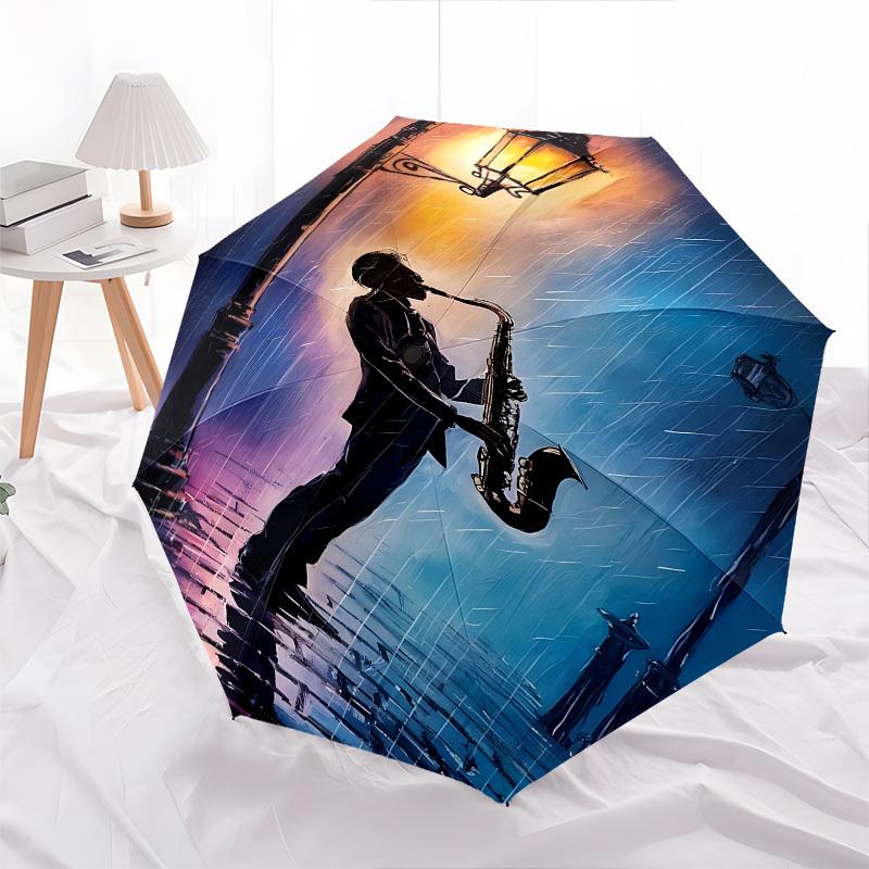 Saxophone Rain Themed Automatic Opening and Closing Umbrella, Brightly Colored 8-rib Portable Umbrella, Suitable for Men and Women, A Perfec