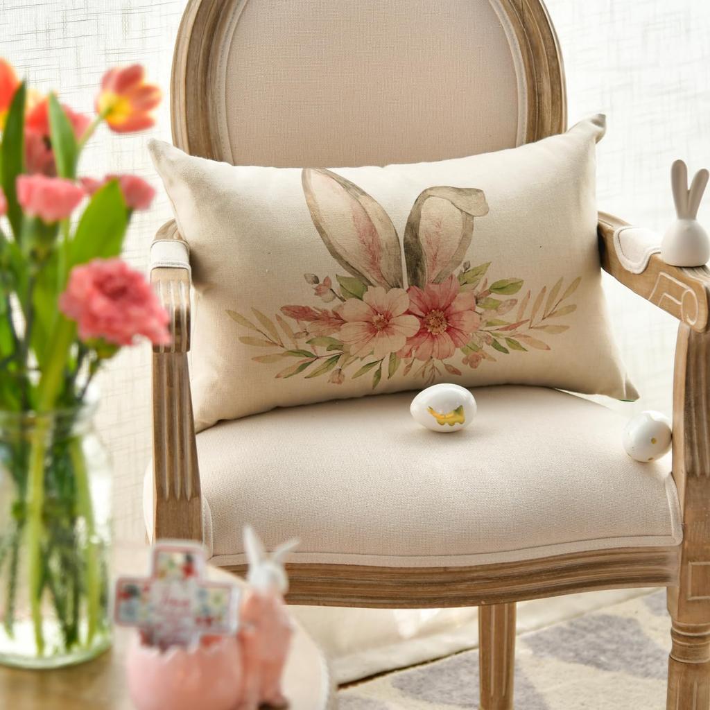 AVOIN Colorlife Happy Easter Throw Pillow Cover, 12 X 20 Inch Rabbit Spring Flower Holiday Party Cushion Case Decoration for Sofa Couch