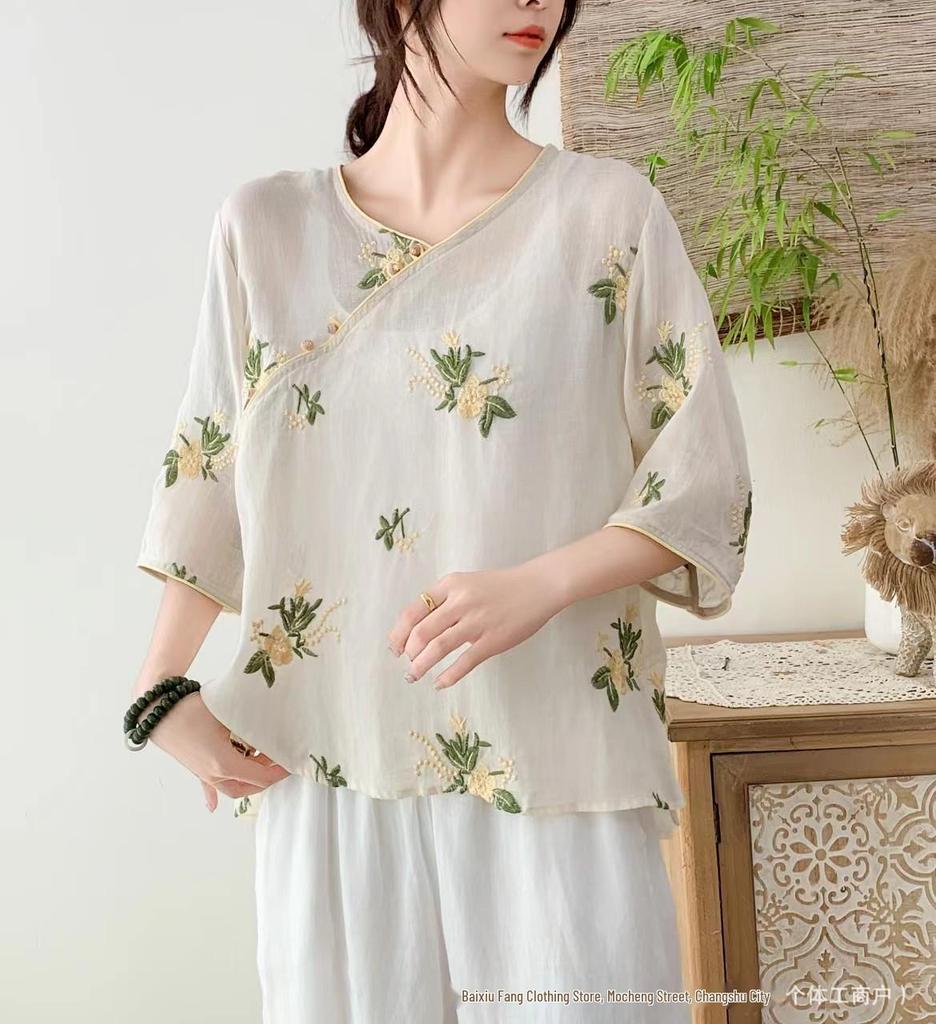 2026 Summer V-Neck Chinese Style Embroidered Ramie Shirt – Artistic Retro Women's Slanted Lapel Short Sleeve Top