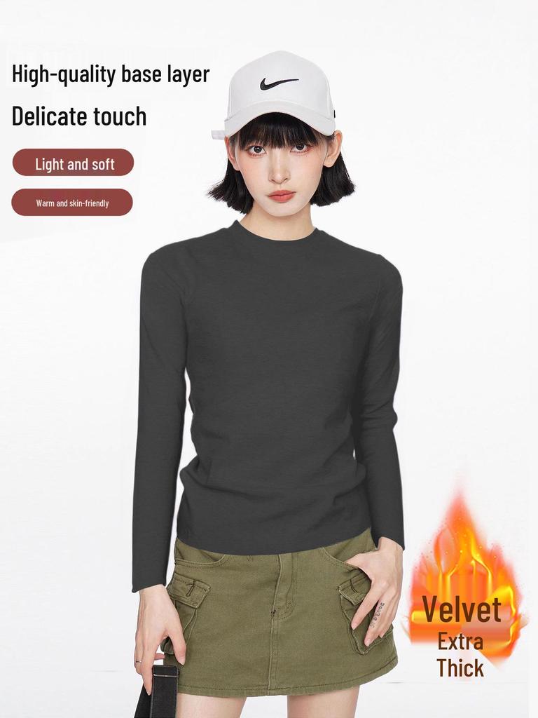 American-Style Women's White Round Neck Slim Fit Long Sleeve Base Layer Top for Spring/Autumn