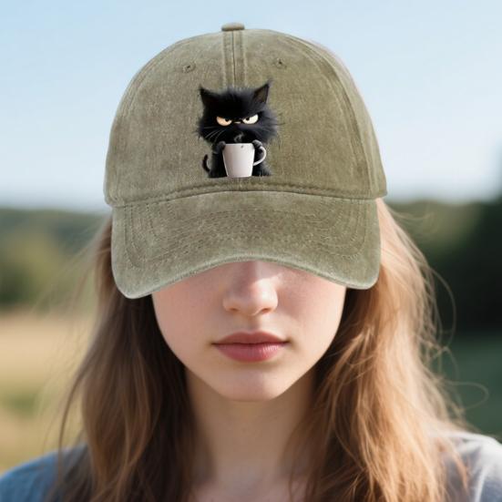 Casquette de baseball à motif chat réglable pare-soleil à bord incurvé chapeau de soleil unisexe style hip hop décontracté casquette café délavée