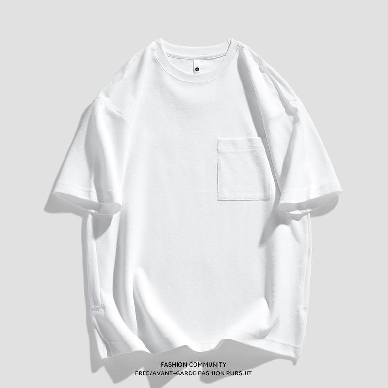 Men's Summer Heavyweight Pocket T-Shirt - Loose Fit, Solid Color, Short Sleeve, Slit Design.