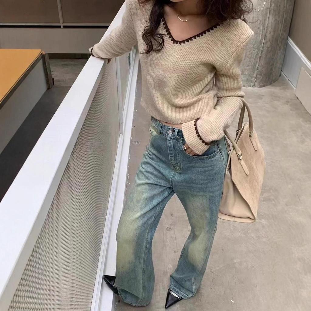 French Retro V-Neck Color Block Ribbed Knit Sweater for Women - Autumn Winter Trendy Slim Fit Pullover