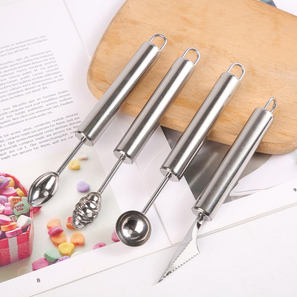 

4PCS New Stainless Steel Fruit Carving Spoon Silver DIY Carving Waviness Baller Shaping Kitchen Gadgets Kitchen Bar Supplies
