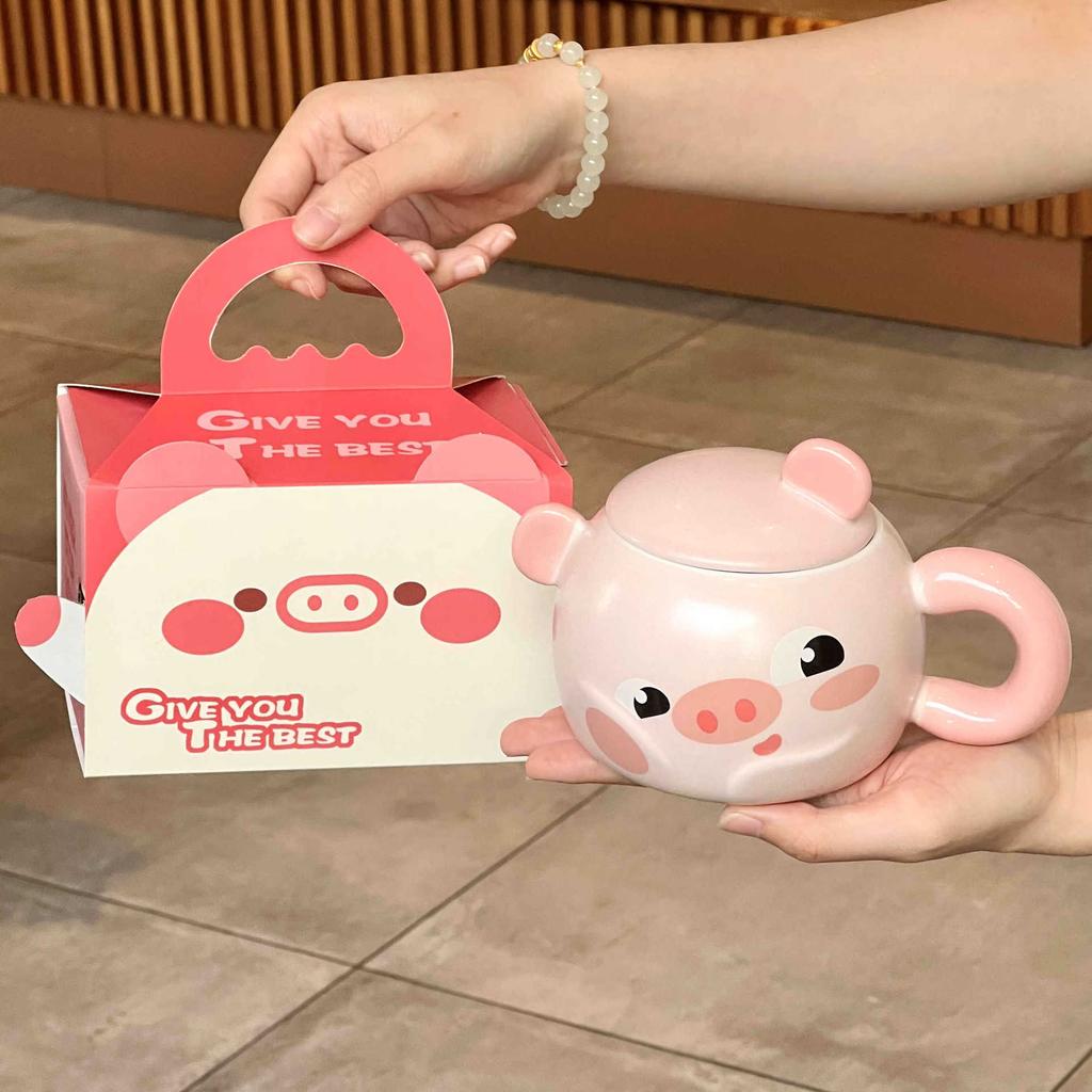 Cute Cartoon Piggy Ceramic Cup Girl Heart Mug with Lid Spoon Office Coffee Mug Birthday Gift