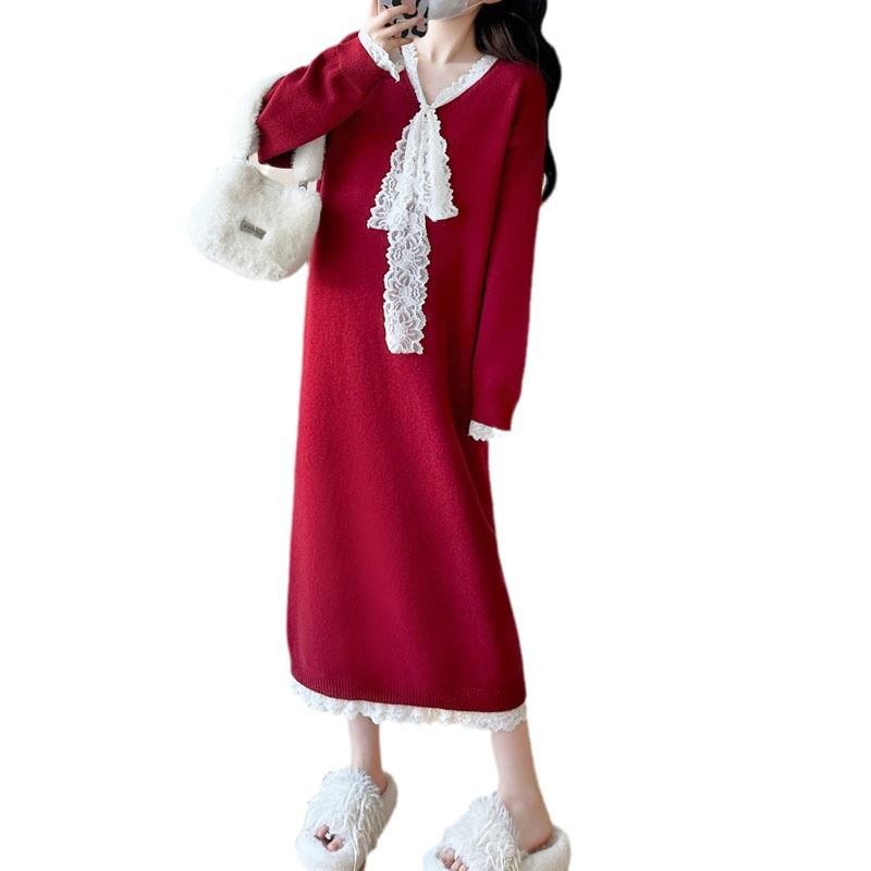 Red Christmas New Sweater Skirt Women's Autumn and Winter Lace Splicing Age-reducing Bow Loose Large Size Knitted Dress