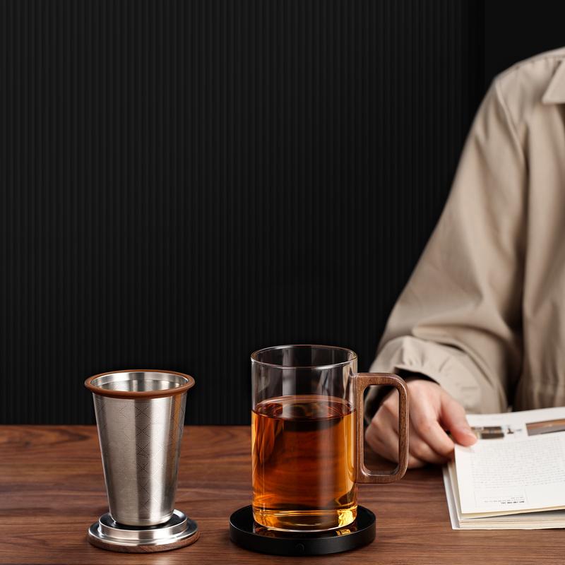 Glass Teacup with Wood Lid and handle,500mL Heat-resistant Flower Teacup