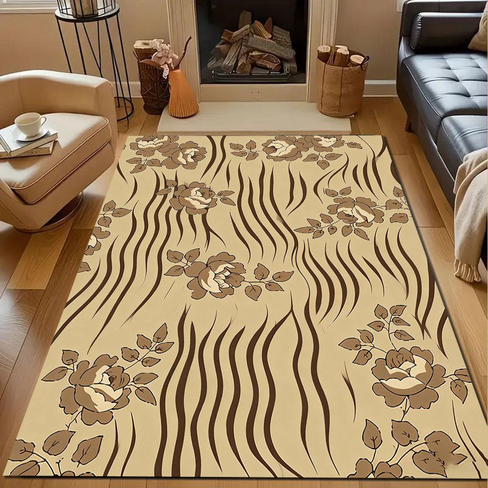 Floral Waves On Taupe Background Patterned Carpet, Non Slip Mat Suitable for Living Room and Bedroom Sofas