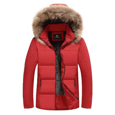 Męski bawełniany zimowy kołnierz z futrem i aksamitna bawełniana kurtka. Przystojna bawełniana pikowana luźna z kapturem