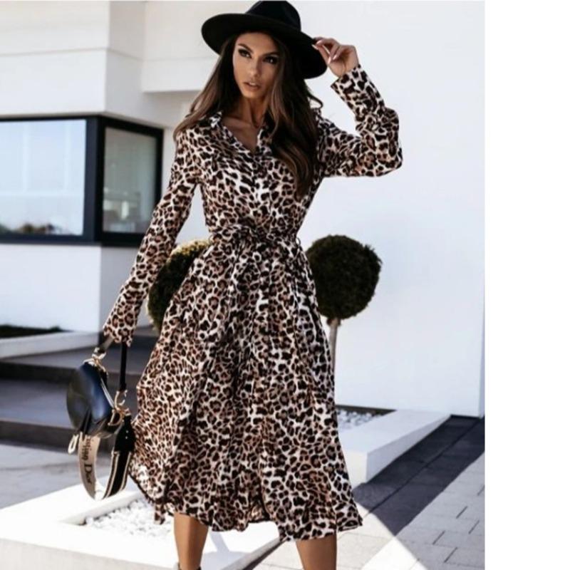 Women's Leopard Print Dress Spring Long Sleeve Lapel Lace-up Button Up Loose Casual Sexy Dress Women Summer Elegant A Line Office Ladies Long Dresses