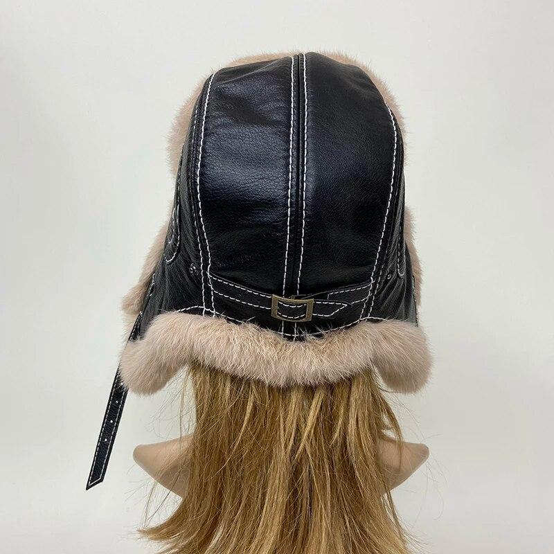 Men's 100% Natural Rabbit Fur Bomber Hats Winter Russian Man Warm Real Sheepskin Leather Hat Male Real Fur Rabbit Fur Caps
