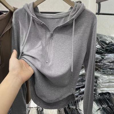 Kadın Retro Düz Renk Trendi, Çok Yönlü, Yarım Fermuarlı, Kişiselleştirilmiş Kapüşonlu, Uzun Kollu, İplikli, Rahat İlkbahar ve Sonbahar Stili
