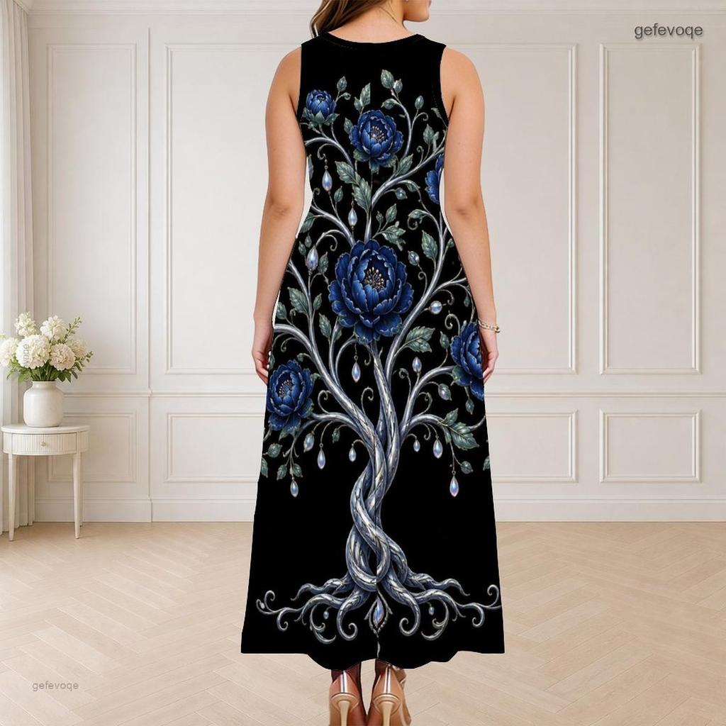 Women Plus Size Sleeveless Round Neck Triple Keyhole Cutout Floral Printed Black Long Dress