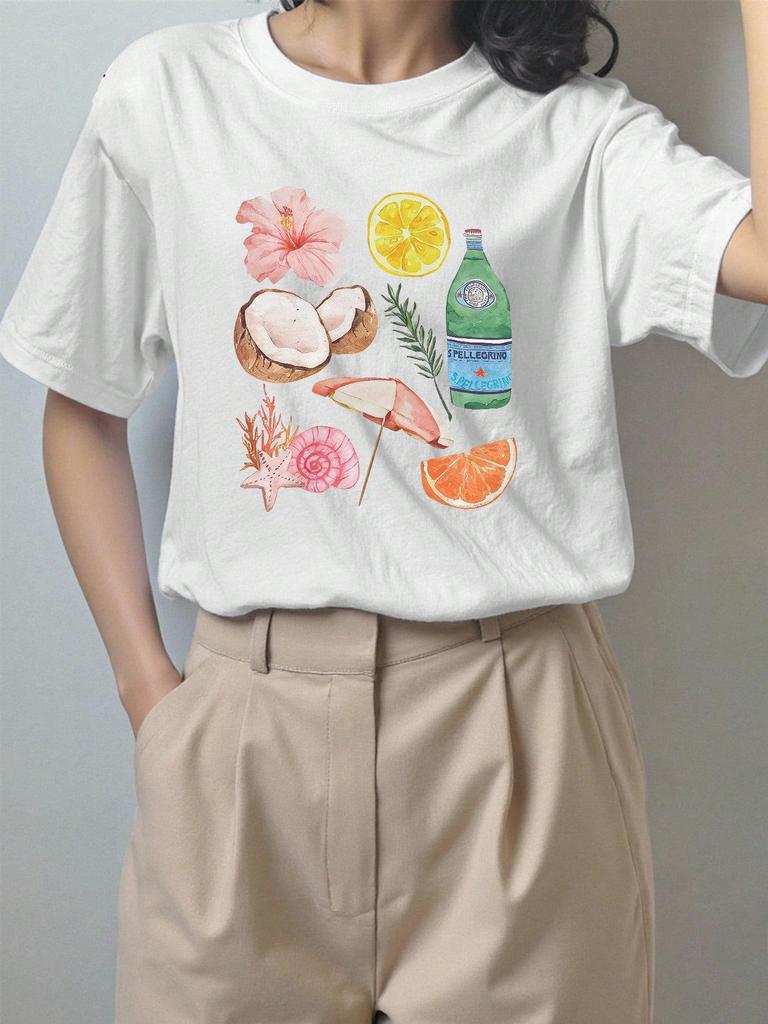 European Spring/Summer Floral Fruit Print Cotton Loose Fit Short Sleeve T-shirt