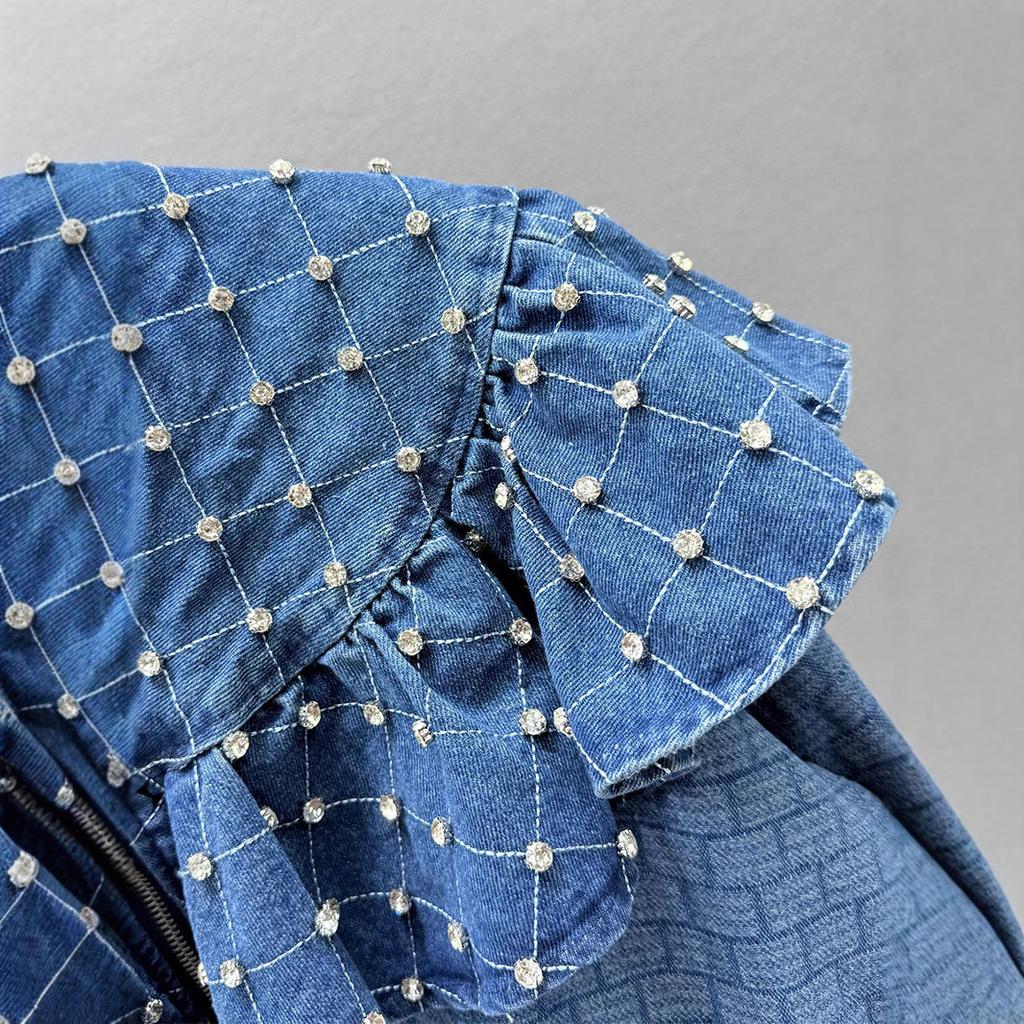 Heavy Industry Diamond-encrusted Denim Jacket Women's Spring New Loose and Thin European Ruffle Edge Splicing Top Trendy Brand