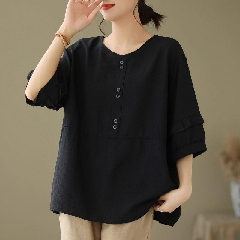 New Cotton Linen Retro Lazy Shirt Women's Summer Thin Loose Short-sleeved Versatile Top