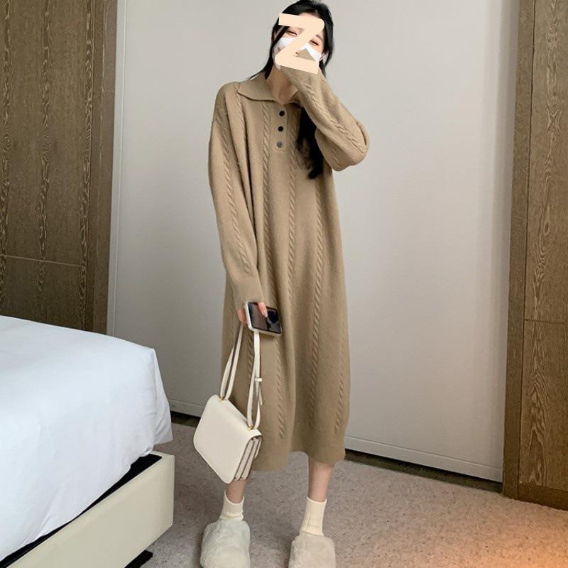 Women's Lapper Sweater Dress Midi Loose Thickened Over-the-Knee Sweater Dress