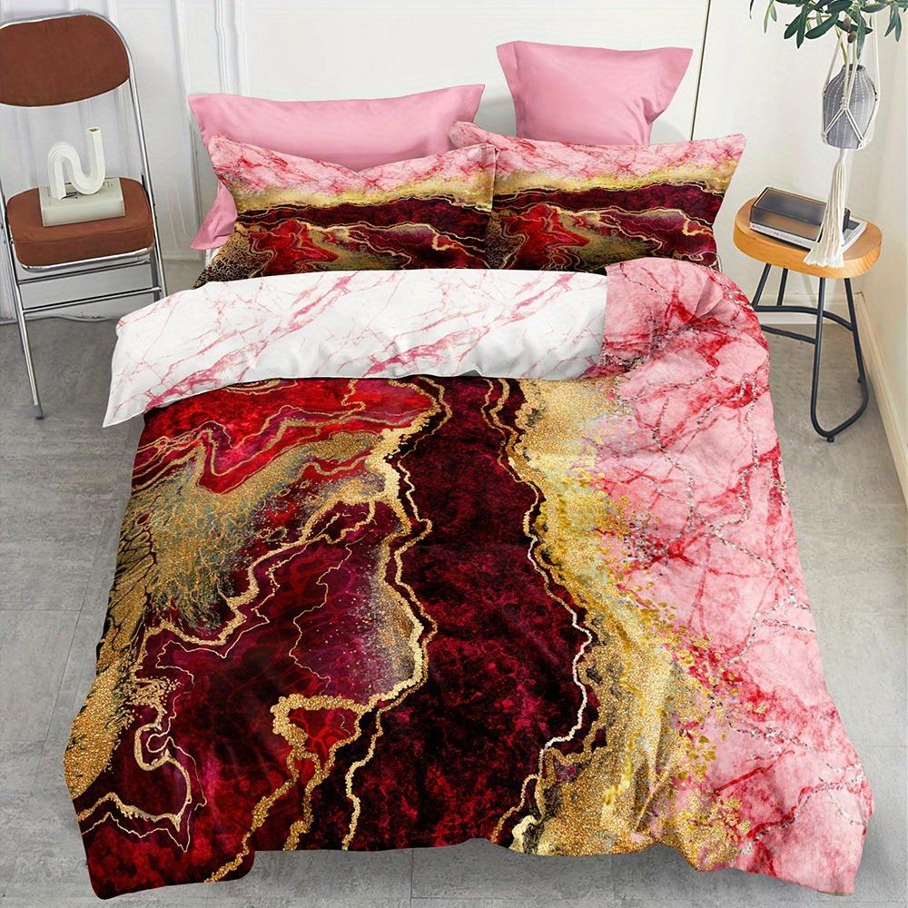Duvet Cover Set Marble Design Breathable Polyester Zip Closure Machine Washable Includes 1 Duvet Cover And 2 Pillowcases