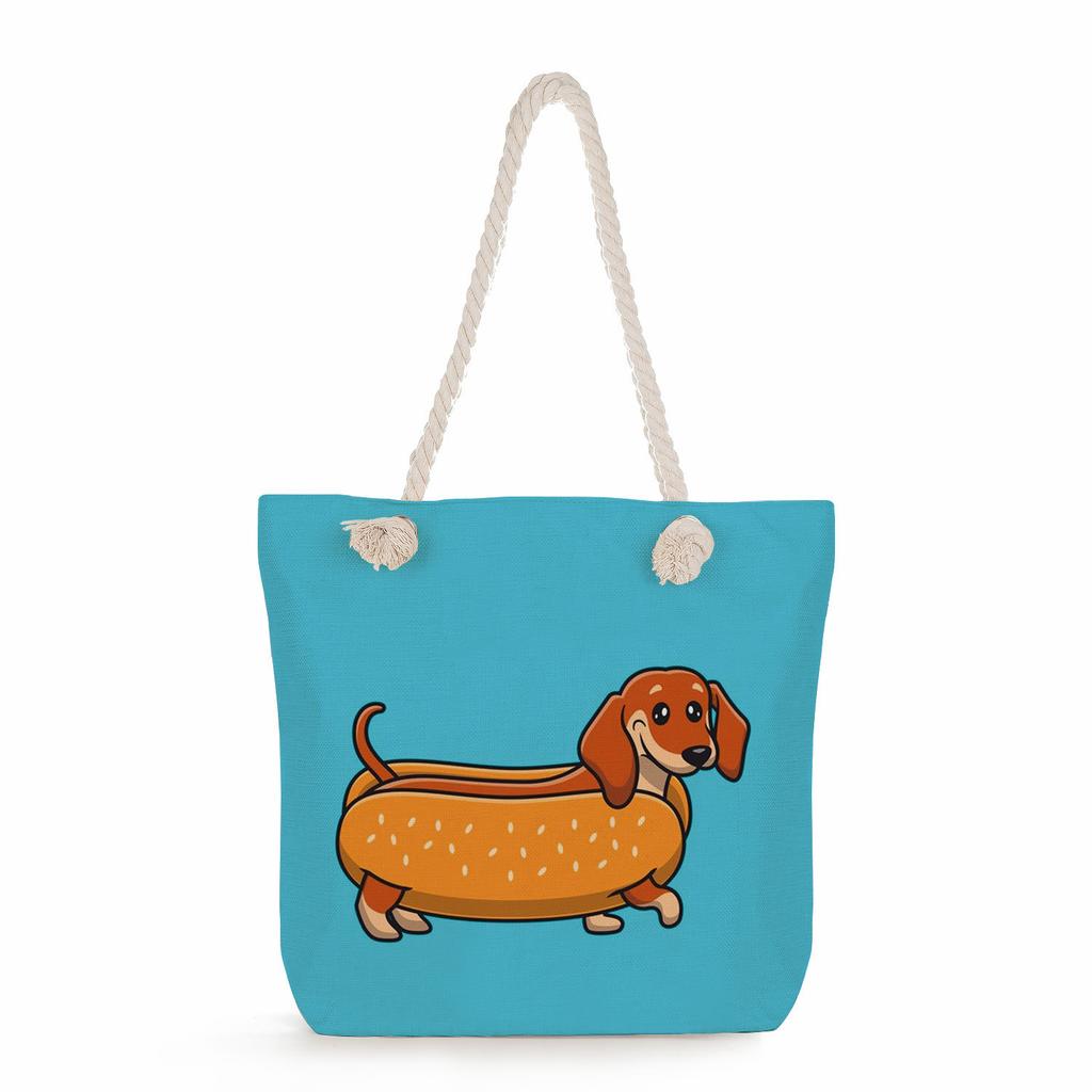 Sausage dog print thick rope single-shoulder beach bag 7284 CLE