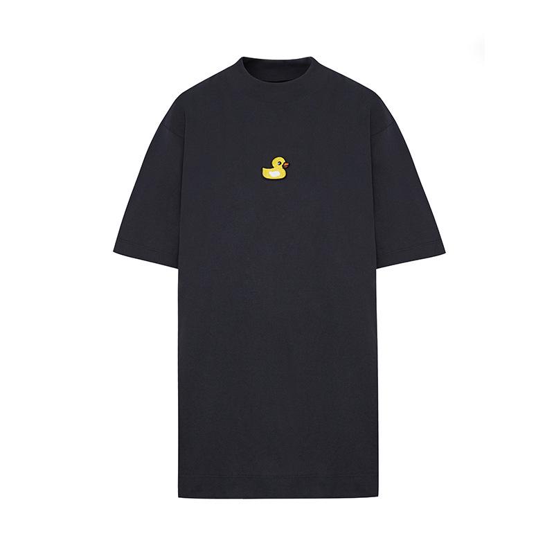 In-stock Women's Spring High-Neck Short-Sleeved T-Shirt with Cartoon Embroidered Yellow Duck, Available In Black and White