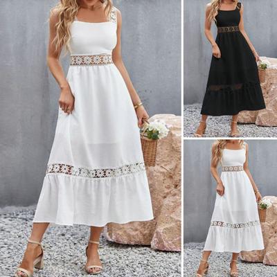 Kolsuz Backless Yüksek Bel Gevşek Fırfır Etek Düz Renk Askı Elbise Oymak Dantel Patchwork evaze elbise