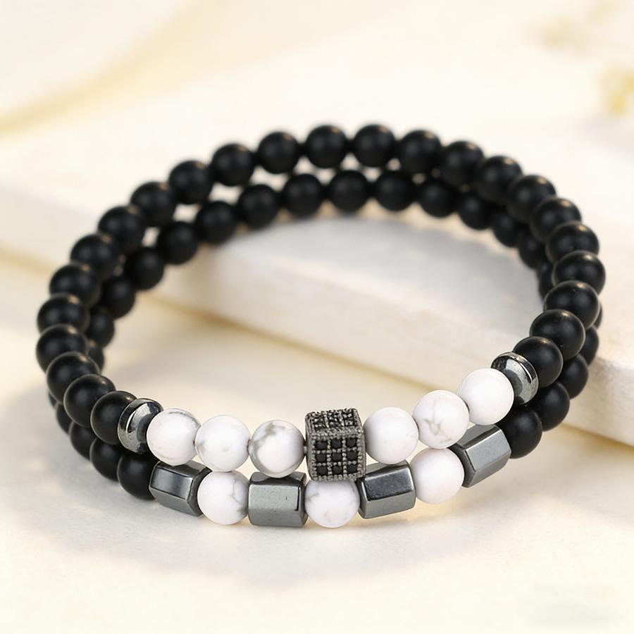 Noter 2Pcs Men Bracelet Set Luxury High Quality Zirconia Strand Braslet 5 Colors Options Volcanic Onyx Hematite Healing Braclet