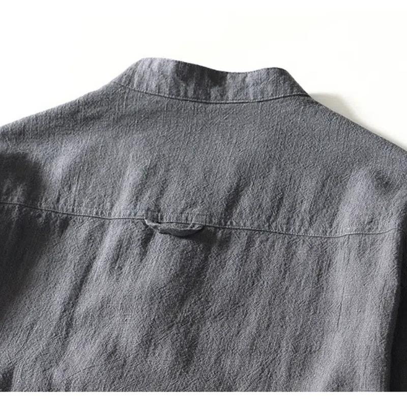 Chinese Style Long Sleeve Men Shirt Traditional Men Clothing Solid Color Stand Collar Cotton Linen Button Shirt Daily Casual Tops Big Pockets